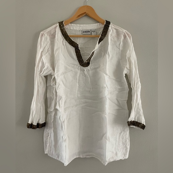 Chico's Tops - Chico's White Tunic with Brown Metallic Jewel Trim